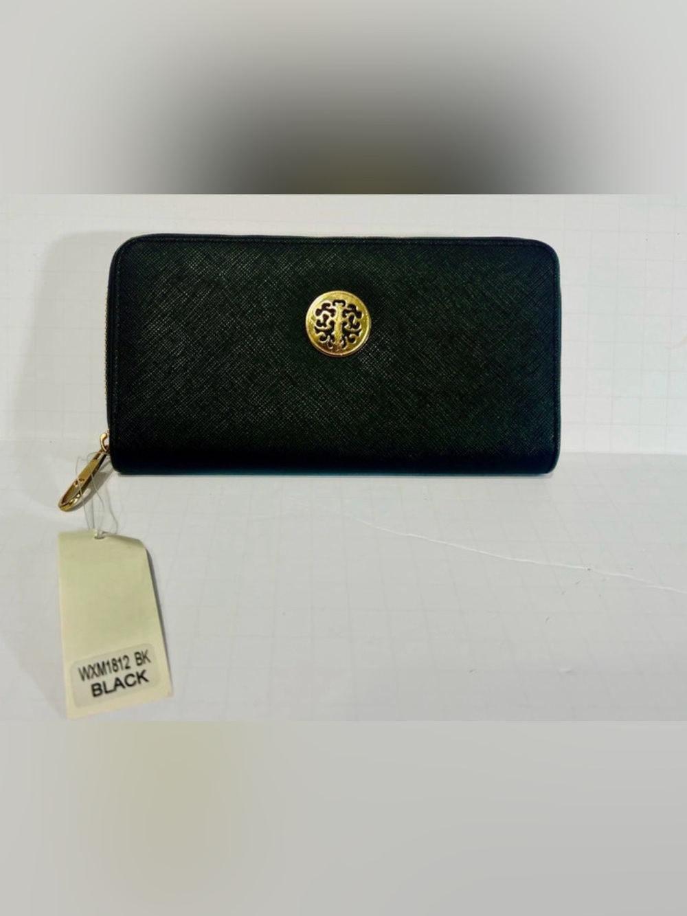 Black Women's Zip-Around Wallet with Gold Medallion